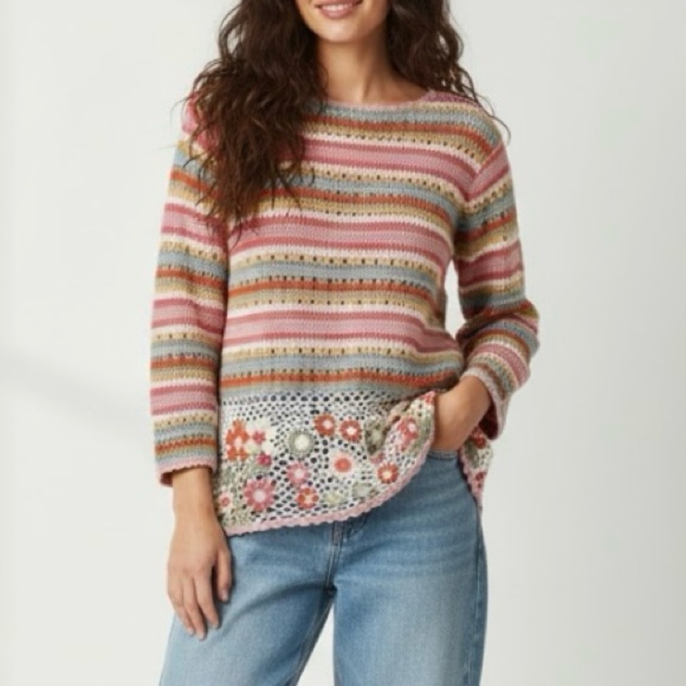 Boho crochet floral, stripe 3/4 sleeve sweater round neck cotton blend large